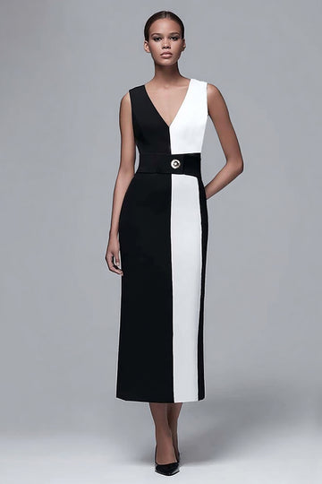 Sheath V Neck Black And White Tea Length Work Dress